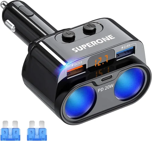 SUPERONE Adaptador de corriente divisor de encendedor de cigarrillos de 200 W, cargador de coche USB C con entrega de potencia de 20 W 3.0 y QC 3.0