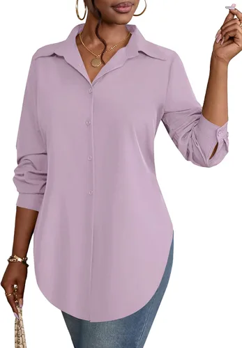 Miniatura 7 de Rooscier Blusa larga con cuello en V para mujer, manga larga, abertura lateral, con botones