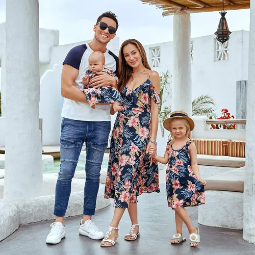 Miniatura 3 de Mumetaz Trajes familiares a juego para mamá y yo, vestidos con estampado floral, hombros descubiertos, cuello en V, volantes, ropa sin espalda