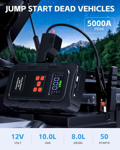 Miniatura 2 de Arrancador de 5000 A con compresor de aire, arrancador portátil de batería de coche con inflador de neumáticos de 150 PSI para motores de gasolina