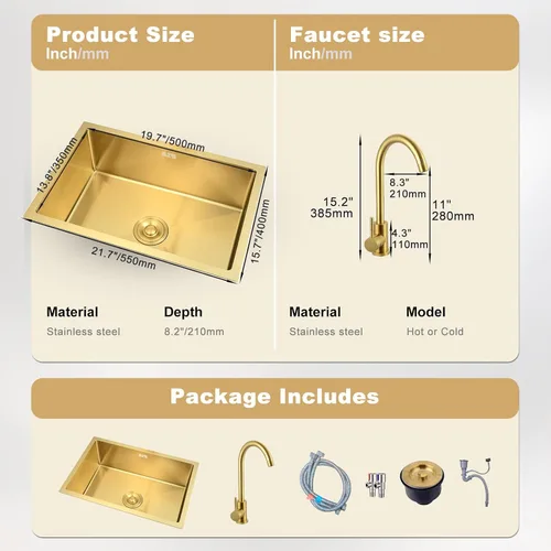 Miniatura 5 de Fregadero de cocina de bar de 21.6 x 15.7 pulgadas, acero inoxidable con grifo, fregadero de caravana, lavabo con tapón de colador de drenaje
