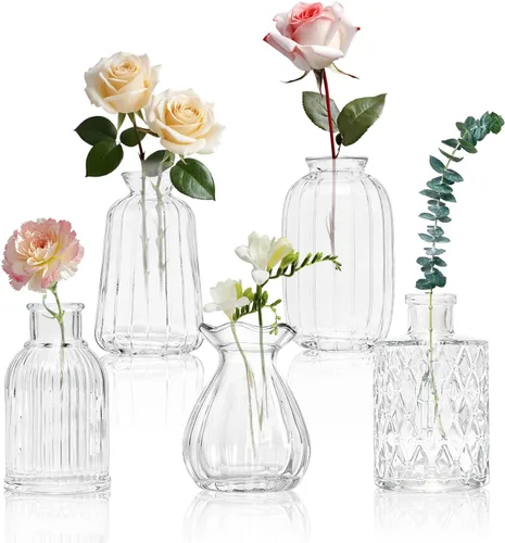 Miniatura 9 de KJHL Juego de 4 jarrones pequeños de cristal para flores, jarrones de flores pequeños transparentes vintage para centros de mesa de boda, mini