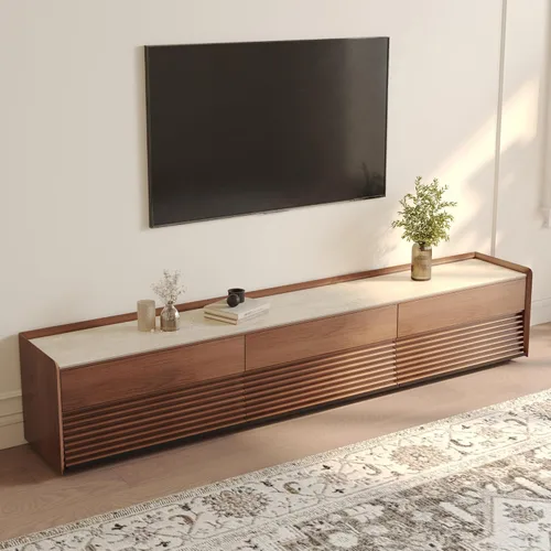 Miniatura 13 de POVISON Soporte de TV moderno de mediados de siglo totalmente ensamblado con luces LED ajustables, consola multimedia de madera, centro