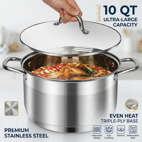 Miniatura 3 de Olla de 10 cuartos de galón con tapa de vidrio, olla de sopa de acero inoxidable de grado alimenticio premium, olla grande para cocinar guisos