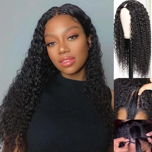 Miniatura 10 de Peluca de cabello humano rizado rizado con parte en V para mujeres negras, en forma de V, sin dejar fuera, sin pegamento, 14 pulgadas