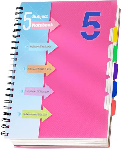 Miniatura 17 de CAGIE- Cuaderno pequeño universitario con tapa en espiral, A5 de 5 x 7 pulgadas, con pestañas separadoras extraíbles para 5 materias, 220 páginas