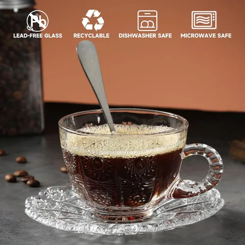 Miniatura 7 de Juego de 6 tazas de té y platillos de vidrio, tazas de café vintage con cuchara de acero inoxidable, tazas de té aptas para lavavajillas