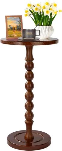 Miniatura 10 de Mesa auxiliar redonda para espacios pequeños, mesa de bebidas con pedestal de madera de roble, mesa auxiliar moderna para sala de estar, dormitorio