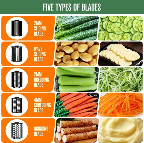 Miniatura 3 de Picador eléctrico 5 en 1 de verduras, rallador de queso de 250 W con 5 cuchillas diferentes, cortador de procesador de alimentos de cocina