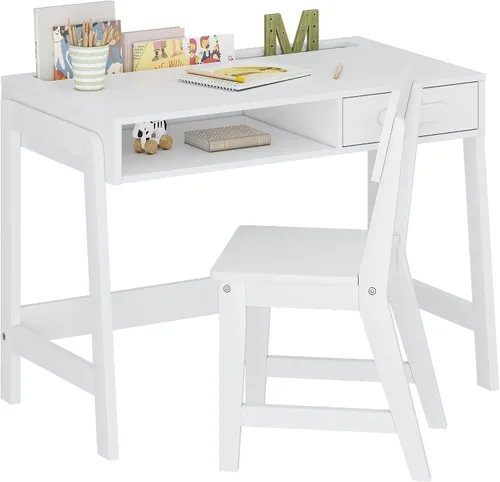 UTEX Juego de escritorio y silla para niños, escritorio de estudio para niños con cubos de almacenamiento, mesa de estudio para niños de madera,