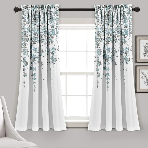 Lush Decor Weeping Flower - Paneles de cortina para ventana con filtro de luz, par, 52 pulgadas de ancho x 63 pulgadas de largo + cabecera de 2 Azul