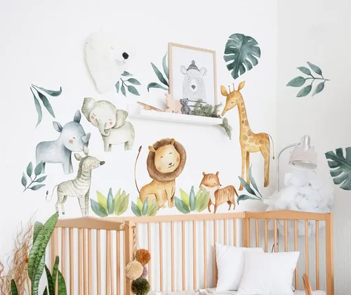 Miniatura 4 de Calcomanía de pared para niños, animales de safari, para guardería, animales africanos, extraíble, despegar y pegar, calcomanías de rey león