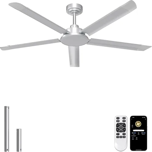 Ohniyou Ventilador de techo de 60 pulgadas sin luz, ventilador de techo industrial plateado con control remoto/aplicación, aspas de aluminio, motor