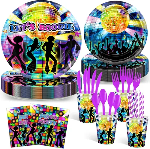 Avezano 192 platos y servilletas de fiesta de discoteca decoraciones de fiesta de los años 70, kit de vajilla de fiesta temática Let's Boogie para