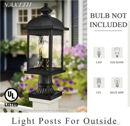 Miniatura 3 de Luz de poste al aire libre de aluminio para exteriores, con cable duro con vidrio ondulado de agua, acabado negro mate, 16 pulgadas de altura