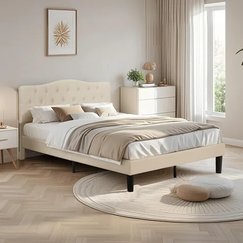 Miniatura 5 de VECELO Estructura de Cama Tamaño Full Tapizada con Cabecera Ajustable Acolchada/Base de Colchón con Soporte de Listones de Madera, Fácil Montaje