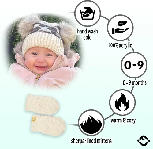 Miniatura 2 de Funky Junque Conjunto de gorro y mitones con doble pompón de pelo sintético para bebé – Gorro de invierno para recién nacidos de 0–9 meses