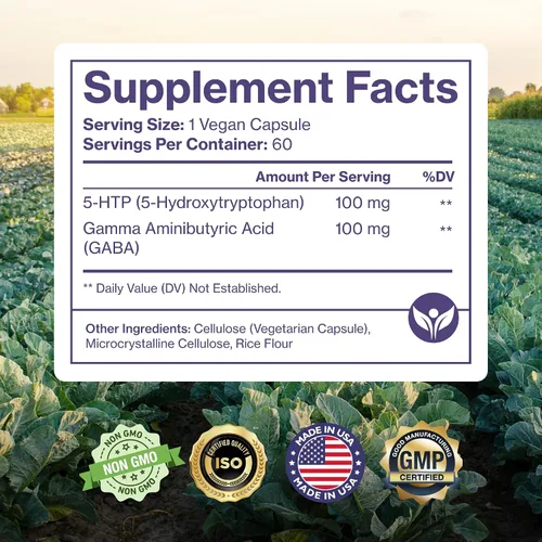 Miniatura 5 de Pure 5-HTP (5-hidroxitriptófano) Plus GABA Suplemento - para el sueño, el estado de ánimo y el estrés - 60 cápsulas vegetales