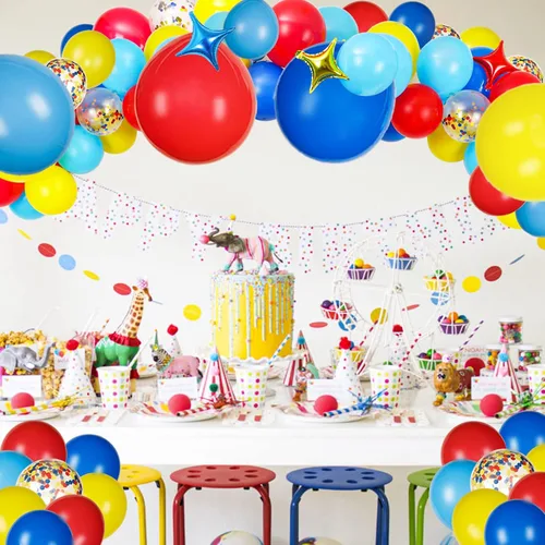 Miniatura 3 de JOYYPOP Kit de arco de globos de carnaval con 123 globos de confeti de látex de arcoíris rojo, azul, amarillo, para decoraciones de fiesta