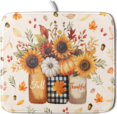 Tapete de Secado de Platos de Florero de Girasoles Otoñales para Encimera de Cocina, Tapete de Secado de Hojas de Arce y Calabaza Otoñal de 16 x 18