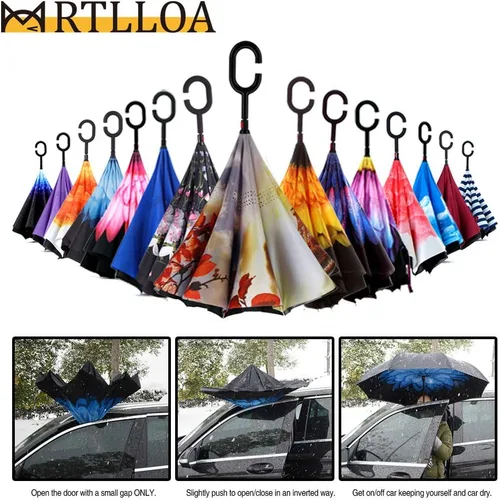 Miniatura 7 de MRTLLOA - Paraguas invertido de doble capa, mango en forma de C, impermeable, anti rayos UV, resistente al viento, para automóvil, lluvia y uso