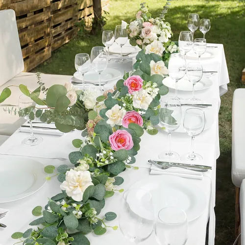 Miniatura 69 de TOCHGREEN Paquete de 2 Guirnaldas de Flores de Eucalipto Artificial de 12 Pies con Rosas Champán, Guirnalda de Flores de Rosa Falsa Verdor