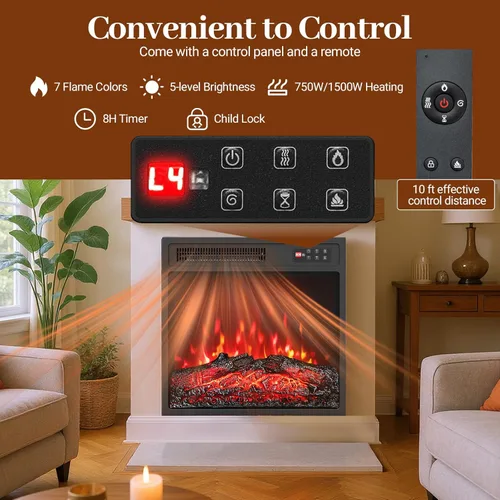 Miniatura 5 de Tangkula Calentador eléctrico de chimenea de 18 pulgadas, inserto de chimenea empotrado con llama regulable de 7 colores, calefacción de 750 W/1500