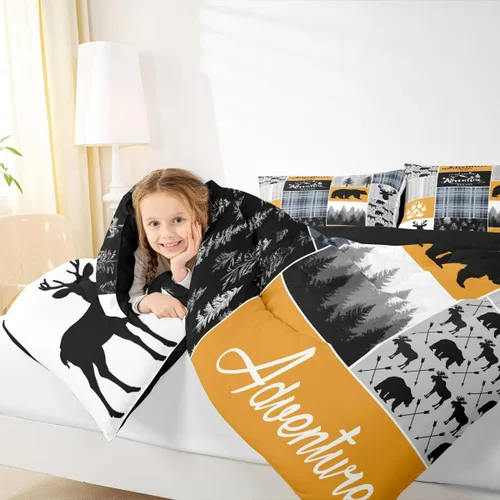 Miniatura 121 de Juego de edredón de oso y ciervo, tamaño individual, ropa de cama de animales salvajes de caza, colcha rústica de cabaña, casa de campo, cuadros