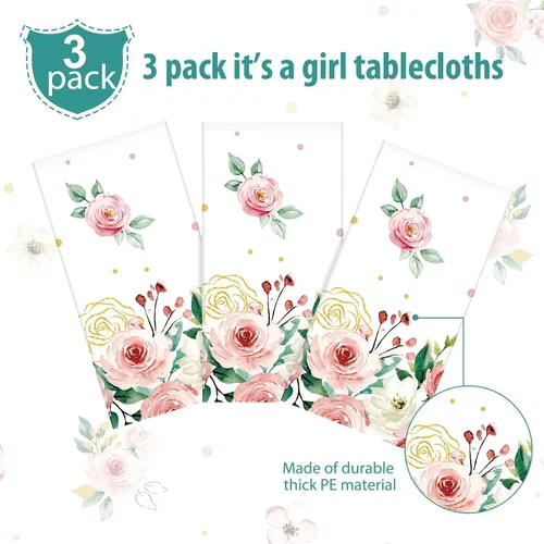 Miniatura 4 de Pajean Paquete de 3 manteles florales para baby shower, decoración con texto en inglés "It's a Girl", manteles de fiesta de baby shower, manteles