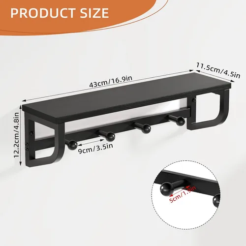 Miniatura 3 de Perchero de pared, estante de pared de madera con ganchos, colgador de pared con 4 ganchos de metal, organizador de perchero montado en la pared
