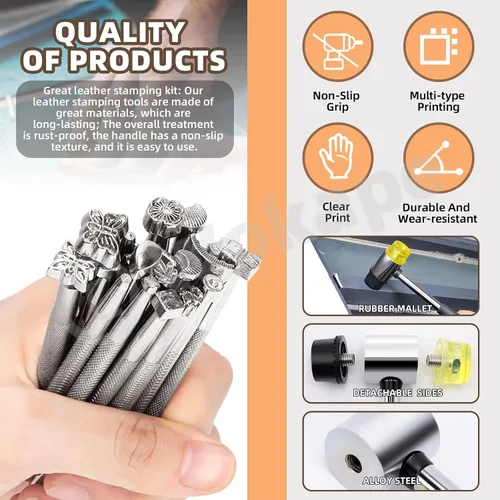 Miniatura 3 de Wokape 23 herramientas de estampado de cuero, el kit de estampado de cuero contiene 20 herramientas de talla de cuero de diferentes formas