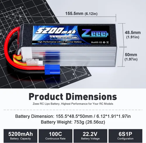 Miniatura 2 de Zeee 6S 5200mAh Lipo Batería 22.2V 100C con conector EC5 Soft Pack Batería RC para RC Car Truck Avión Helicóptero Quadcopter Barco (paquete de 2)