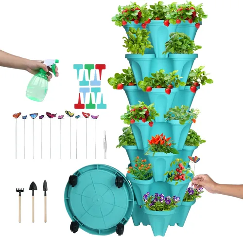 Miniatura 14 de Macetas apilables de polipropileno DUNCHATY, de 5 niveles, verde pino, para interior/exterior, 29" de altura x 13.6" de diámetro 2-1 Paquete
