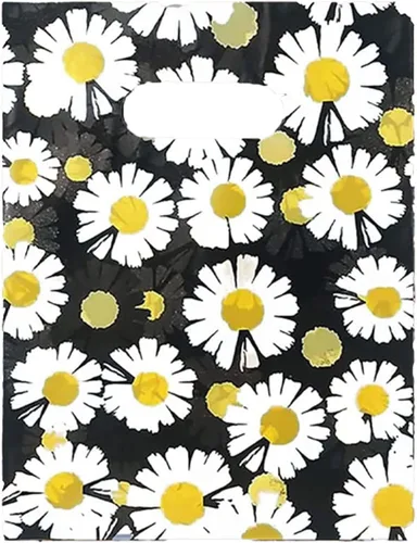 Joyhey 100 bolsas de plástico para mercancías de 13.7 x 17.7 pulgadas, bolsas de boutique con asas troqueladas, margarita negra
