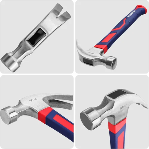 Miniatura 4 de WORKPRO Martillo de garra de 16 onzas con mango de fibra de vidrio, martillo de uso general con cabeza de acero endurecido forjado Azul y rojo
