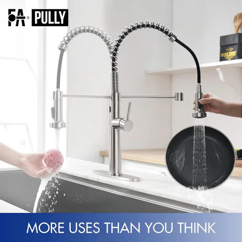 Miniatura 6 de Fapully Grifo de cocina sin contacto con rociador extraíble, sensor comercial desplegable de una sola manija grifo de fregadero de cocina níquel
