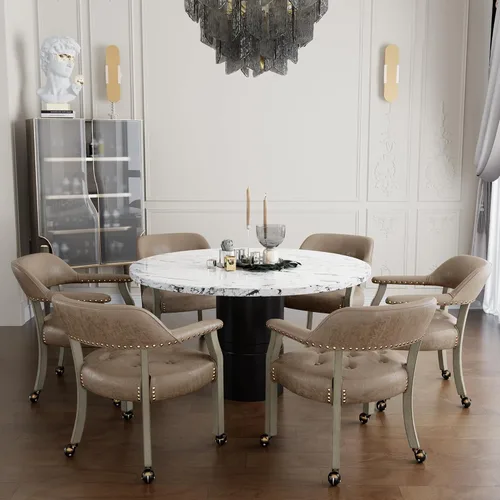 Miniatura 62 de Juego de 8 sillas de cuero de comedor con ruedas y brazos, silla de capitán Accent con ruedas, sillas de madera con ruedas enrollables para cocina