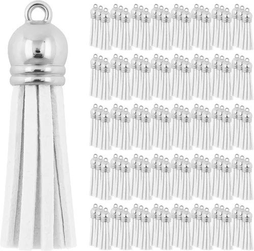 Miniatura 66 de Mandala Crafts 100 borlas de gamuza sintética color aguamarina con tapa dorada, suministros para hacer llaveros a granel, pequeñas borlas de cuero