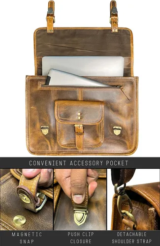 Miniatura 3 de RUSTIC TOWN Bolso bandolera de cuero para hombre – Maletín de cuero de grano completo para laptop, bolsa de viaje cruzada de oficina Marrón