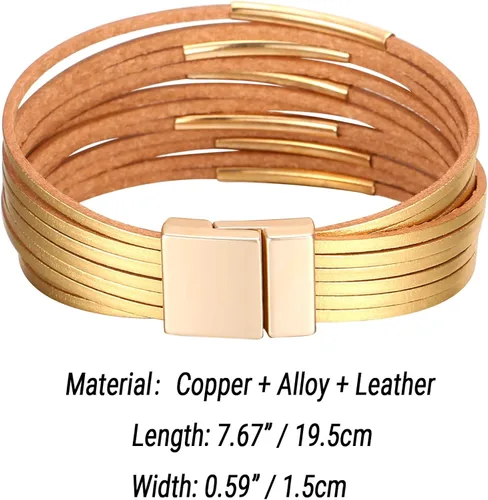 Miniatura 4 de Fesciory - Pulseras envolventes de cuero para mujer, brazalete de cuentas de cristal de leopardo, bohemia, multicapa