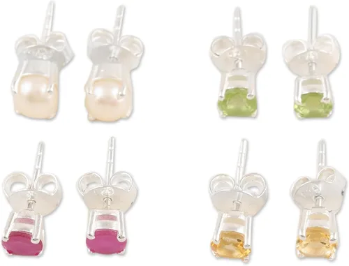 NOVICA Aretes de plata de ley 925 hechos a mano con piedras preciosas de la India cultivadas de agua dulce, rubí citrino y peridoto 0.2 pulgadas de