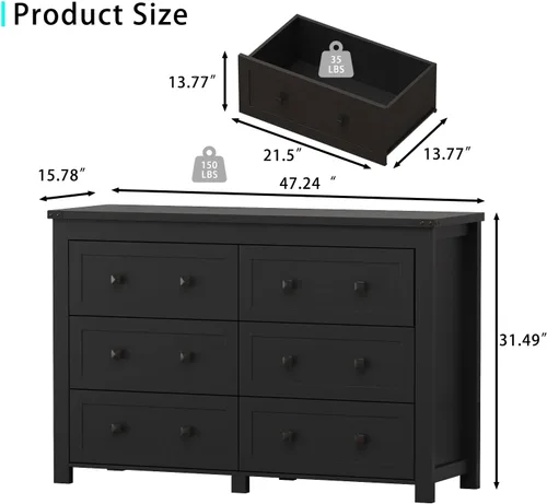 Miniatura 2 de Wodeer - Cómoda moderna, 6 cajones, negro, asas de metal, almacenamiento de clóset, organizador