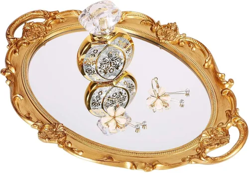 Polyresin Ellipse - Bandeja decorativa antigua para espejo, organizador de maquillaje, organizador de joyas, bandeja para servir, 9.8 x 14.6 Dorado