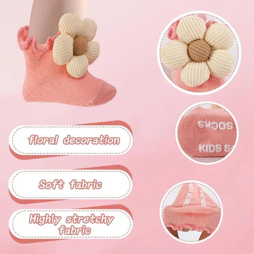 Miniatura 6 de Juego de 10 pares de calcetines para bebé con agarres antideslizantes, diseño de flores 3D grandes y ribete con volantes, conjunto de regalo