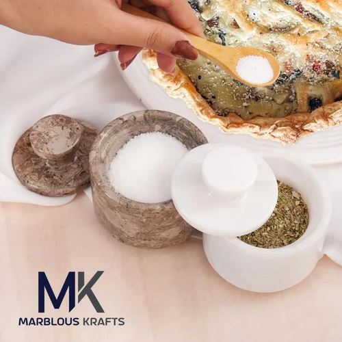 Miniatura 2 de Salero de mármol con tapa de 3 pulgadas, contenedores celtas blancos y oceánicos de sal y pimienta para el hogar y la cocina, cuencos de sal