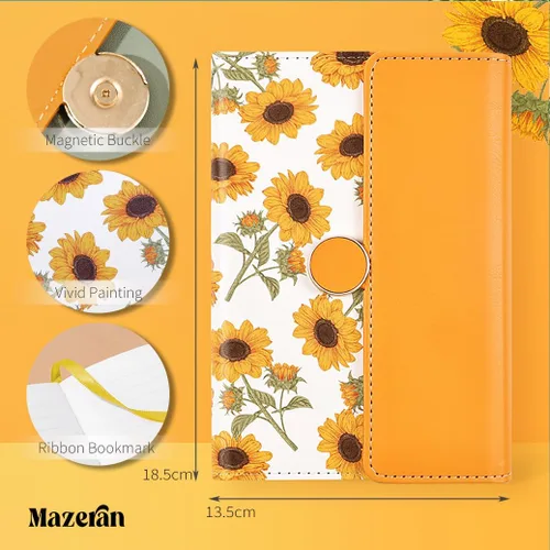 Miniatura 2 de Mazeran Diarios magnéticos florales, elegante tapa dura de piel sintética B6, cuaderno ejecutivo, diario de viaje, girasoles