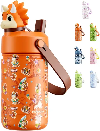 Miniatura 17 de POWCAN 12 oz Insulated Water Bottle for School: 2-in-1 Straw Spout Lid with Soft Animal Head, BPA-Free, Leakproof, Keep Cold 24H, Easy Carry