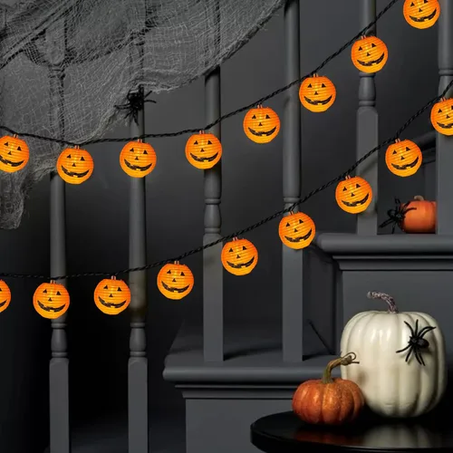 Miniatura 5 de Luces de calabaza de Halloween para exteriores, 2.6 m enchufables, luces de cadena naranjas para decoración de Halloween con 10 luces LED de Jack O