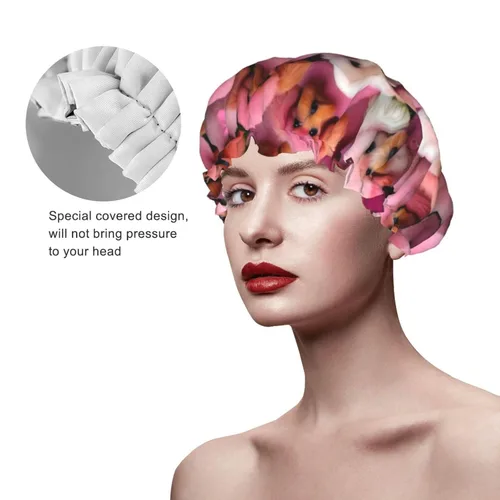 Miniatura 4 de Gorro de ducha reutilizable con estampado de cerdo rosa para mujer, doble capa impermeable, gorro de baño de secado rápido