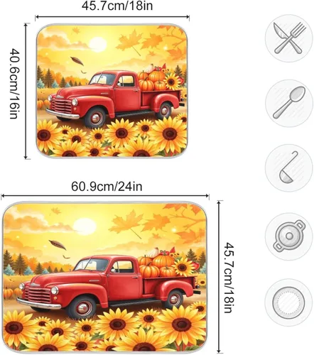 Miniatura 3 de Tapete de secado de platos de camión de otoño de 16 x 18 pulgadas, hojas de otoño, calabaza, girasol, almohadilla de secado de platos, protector